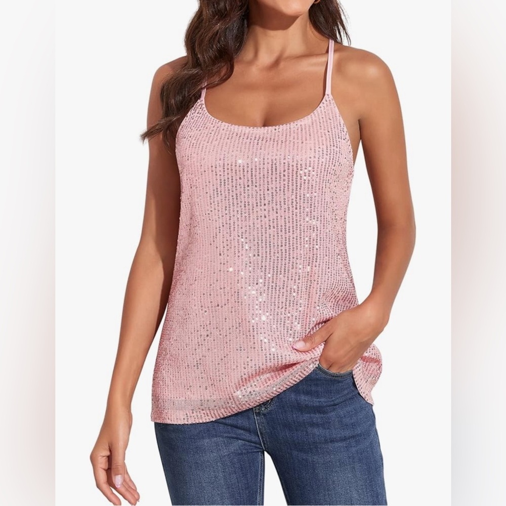 PrettyGuide Women's All Over Sequin Shimmer Strappy Camisole Sparkly Tank Tops